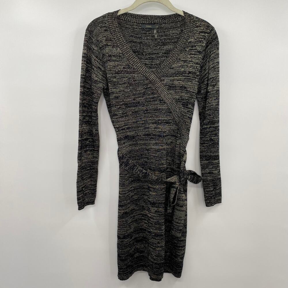 THML Faux Wrap Mini Dress Black w Metallic Detail V Neck Long Sleeve Womens XS